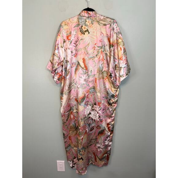 Celsa Kimono Robe Womens L Pink Floral Parrot Open Japanese Tropical Cover Up - Picture 2 of 7